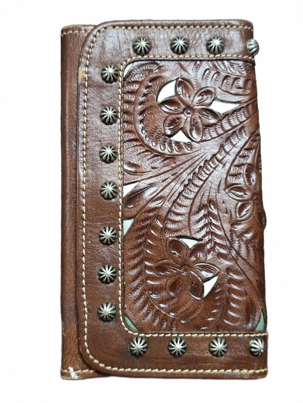 Brown Genuine Leather Floral Embossed Wallet with Stud Details